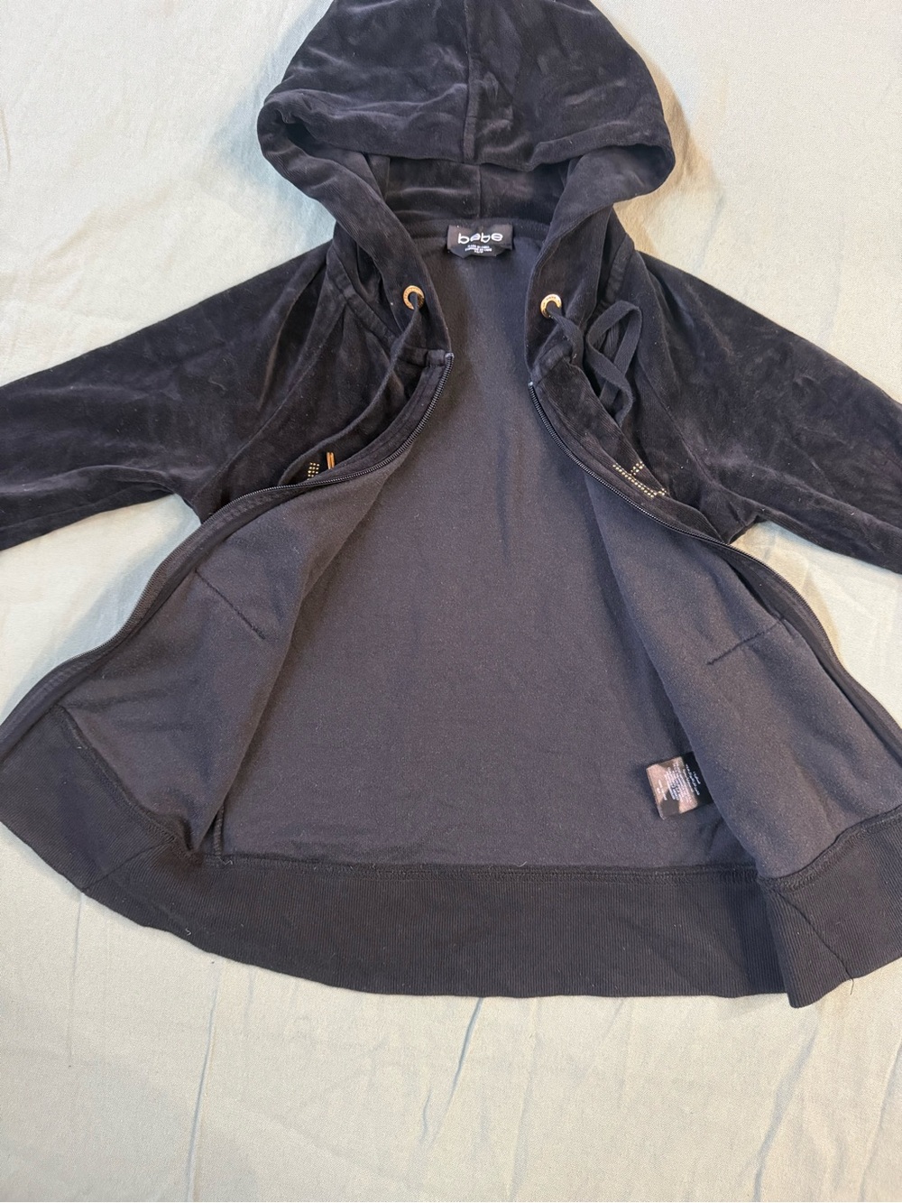 Women's Bebe Y2K Velvour Rhinestone Full Zip Hoodie Black XS. - Picture 6 of 8